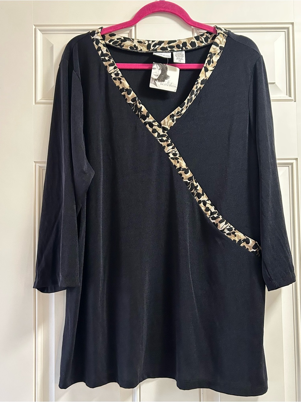Jaclyn Smith Black Top with Leopard Trim and Pink Accent
